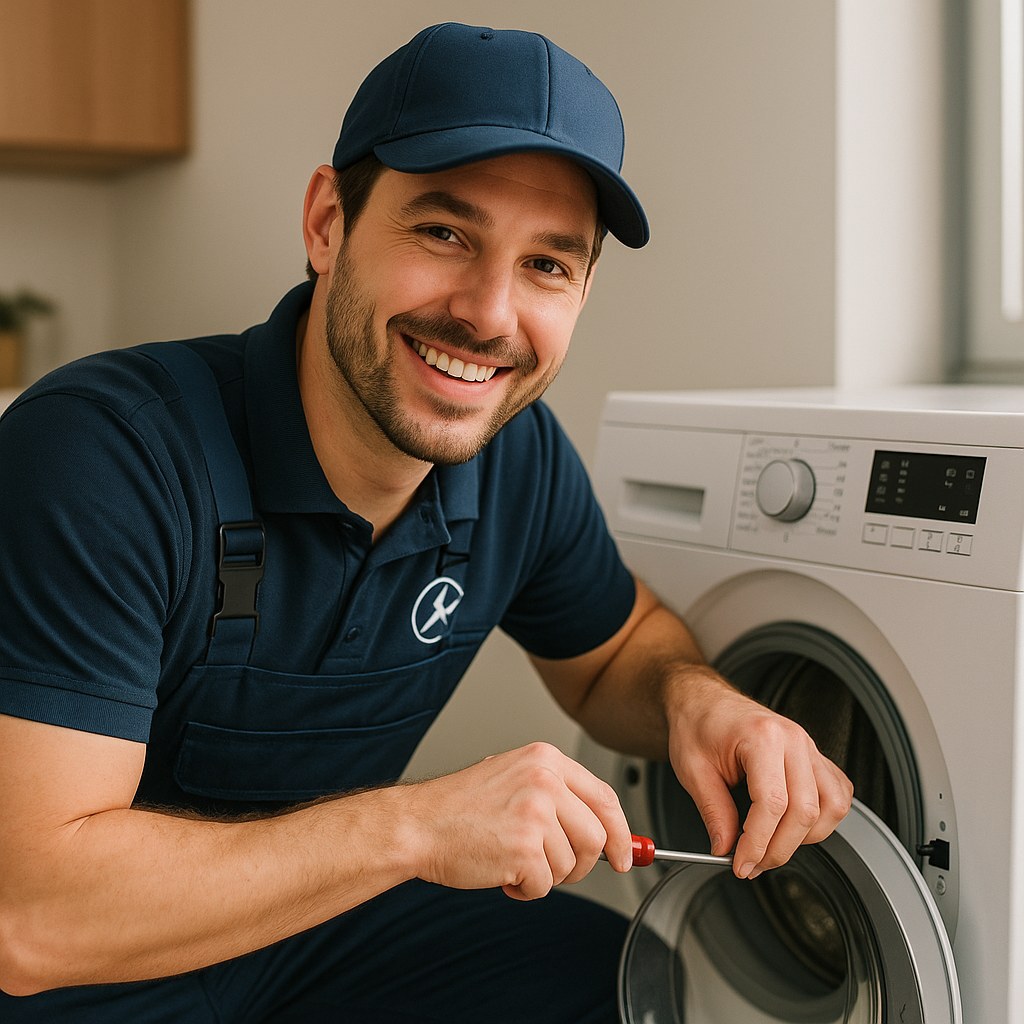 Friendly repair technician fixing washing machine