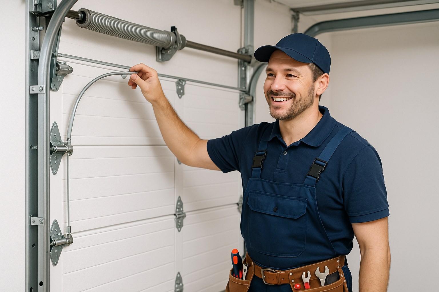 friendly technician inspecting garage door