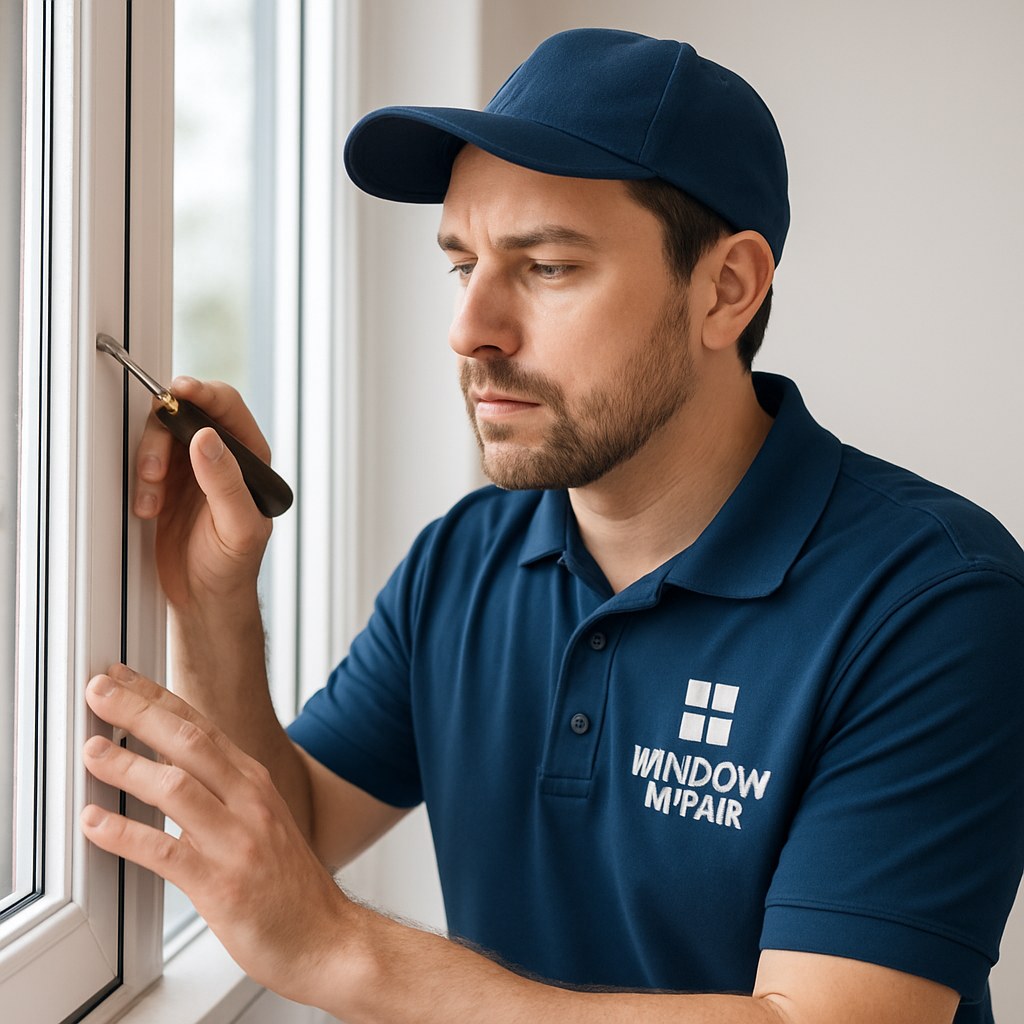 Friendly window repair specialist inspecting frame