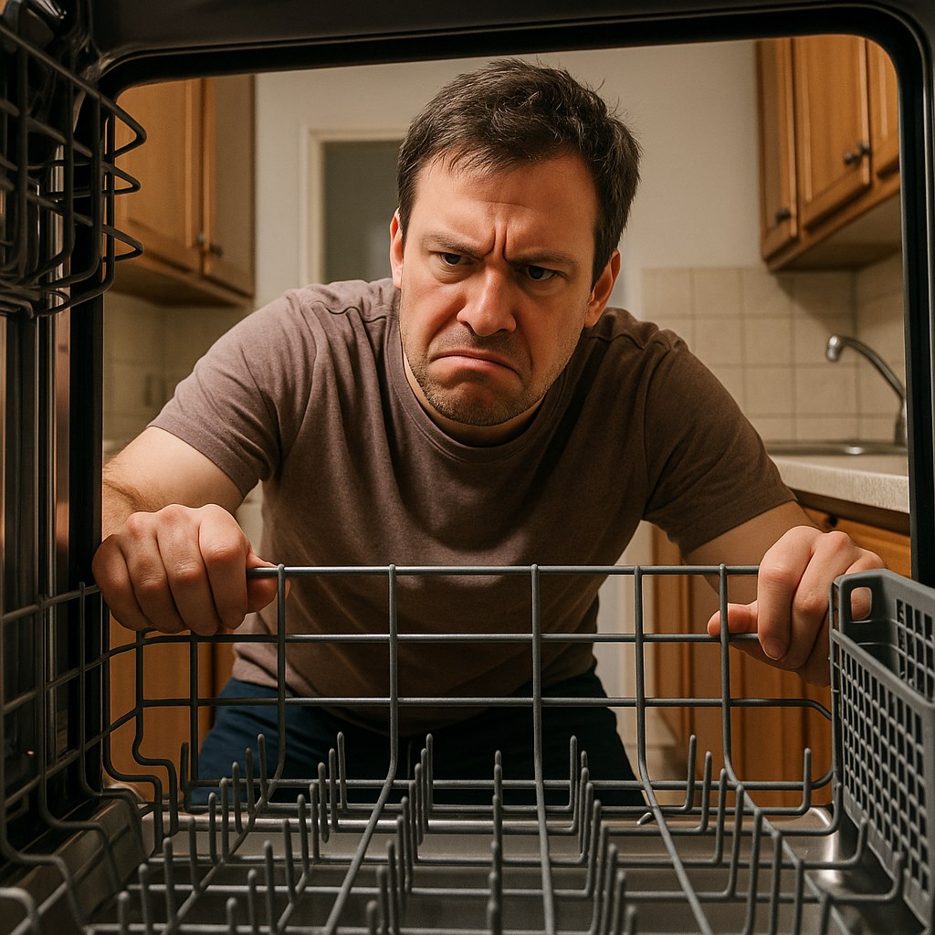 Frustrated person checking empty dishwasher