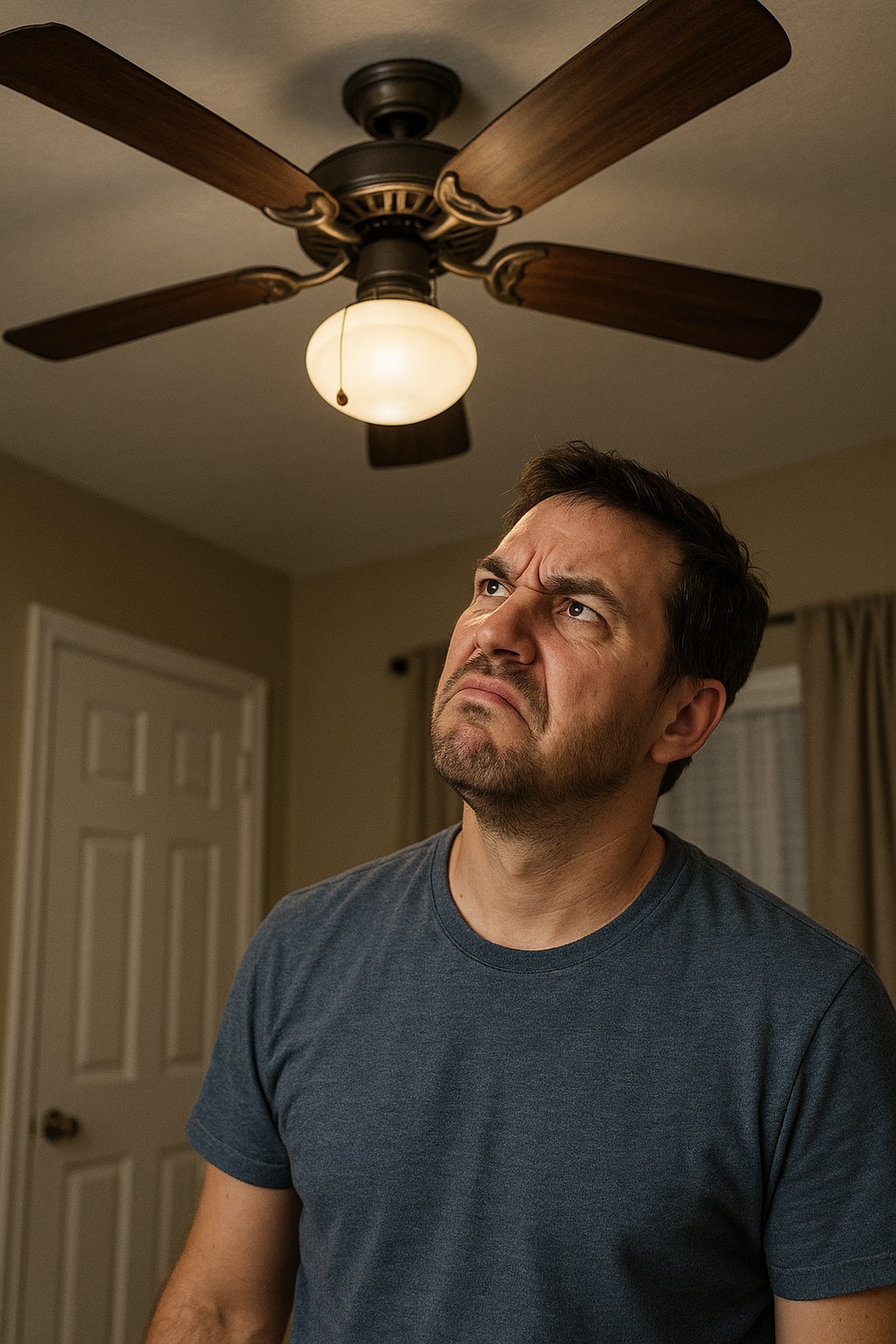 Frustrated person looks up at fan