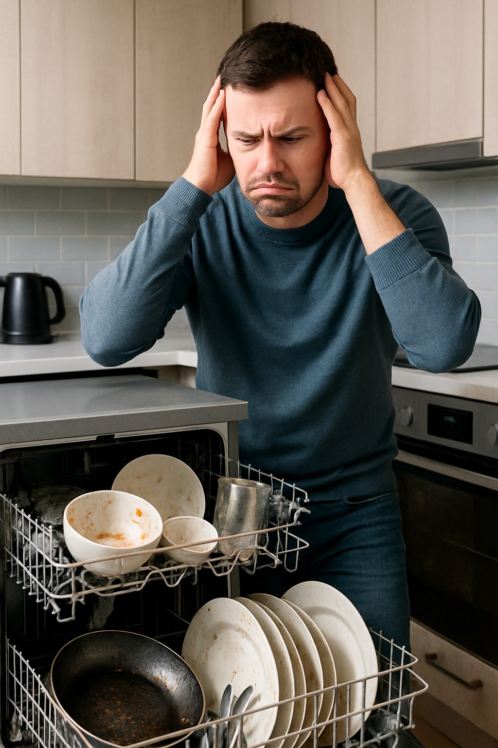 Frustrated person sees dirty dishwasher
