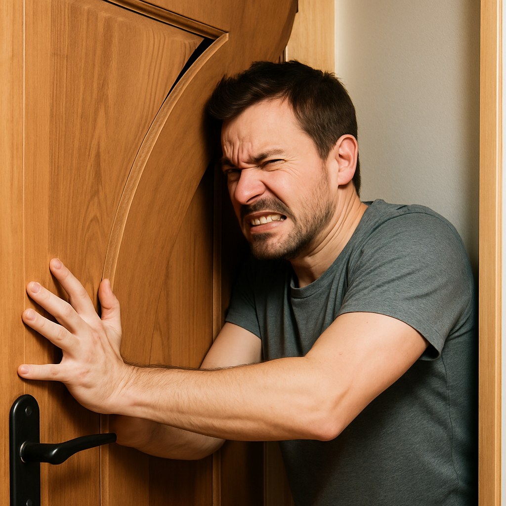 Frustrated person struggles with stuck door
