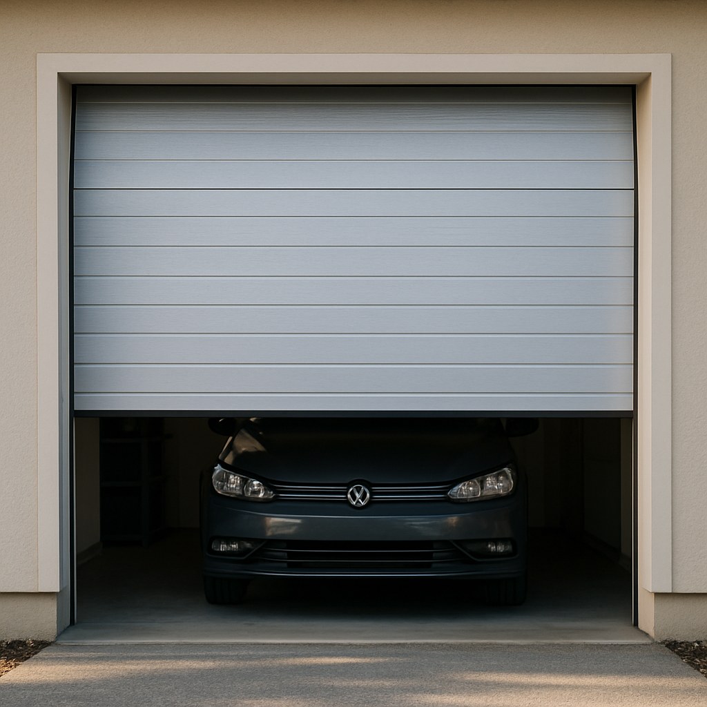 Garage door half open car inside