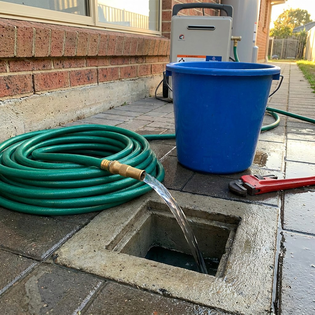 Garden hose draining water outdoors