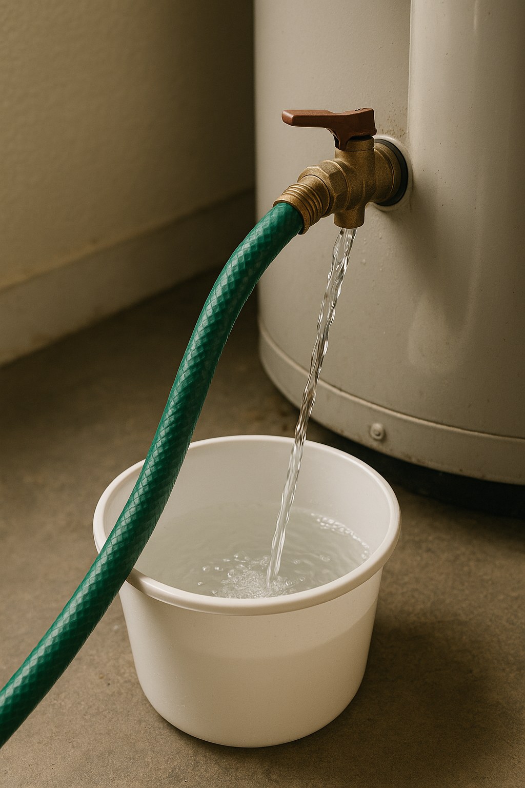 Garden hose drains water into bucket