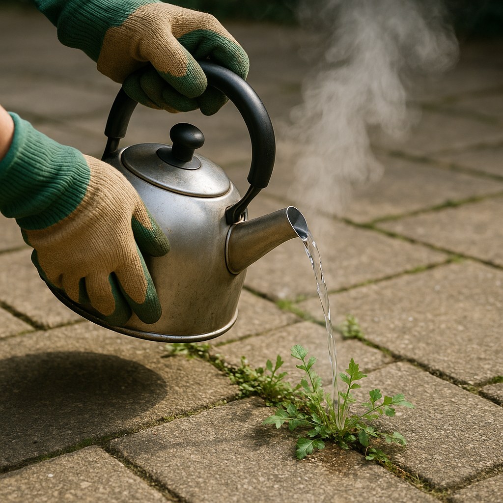 Gardener pouring boiling water on weeds