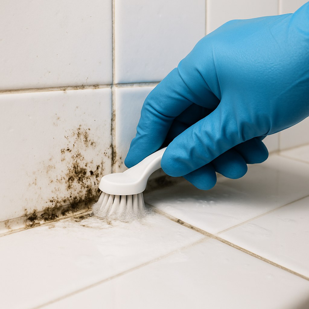 Gloved hand scrubbing mold from grout
