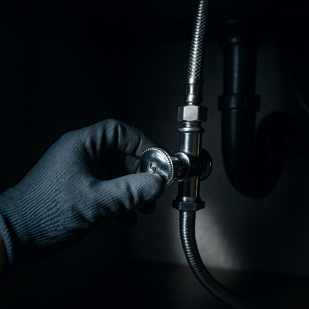 Gloved hand turning off water valve