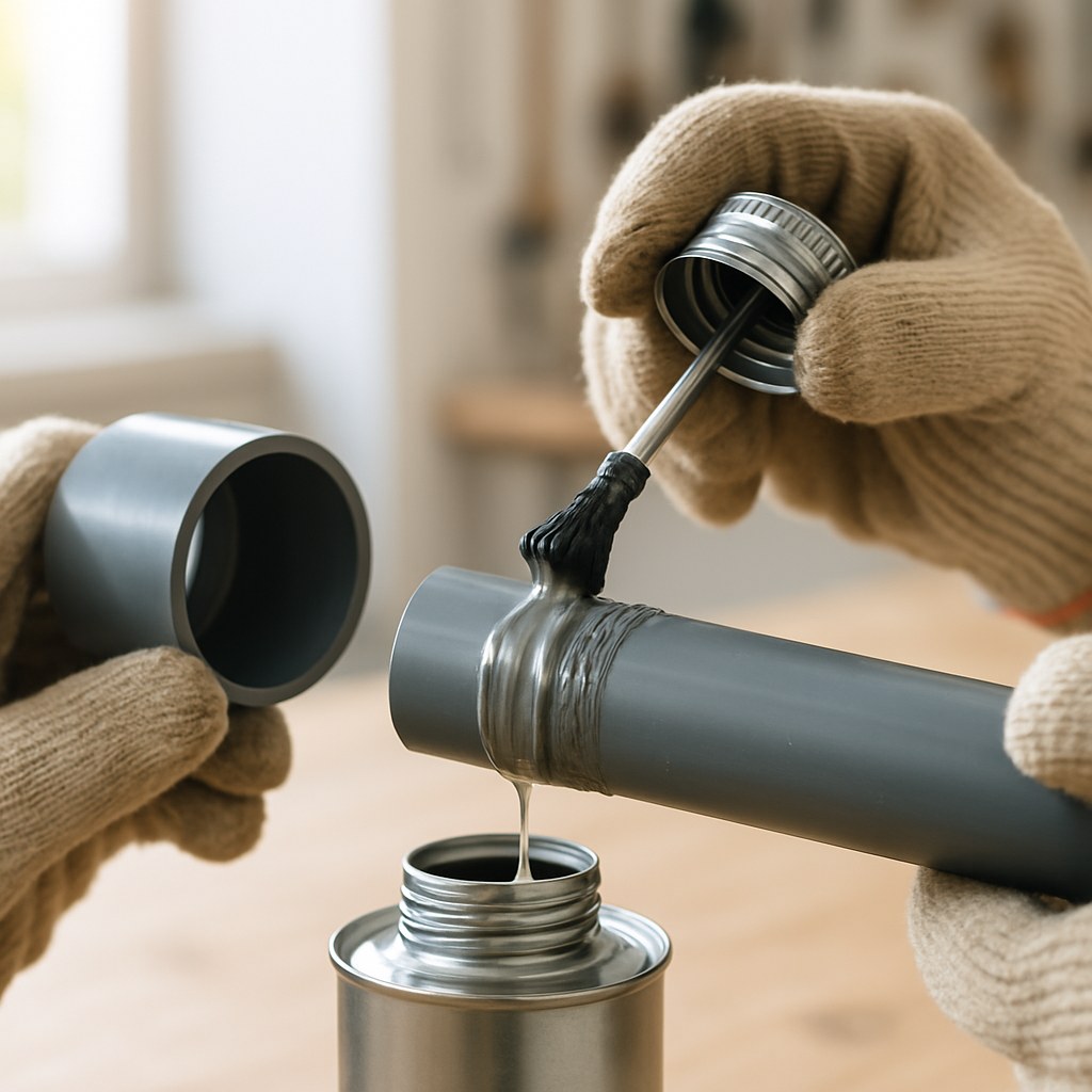 Gloved hands bond pvc pipe coupling
