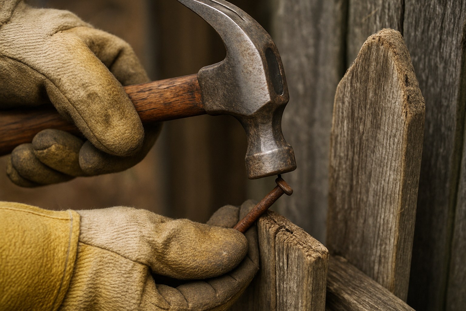 Gloved hands remove nail from fence