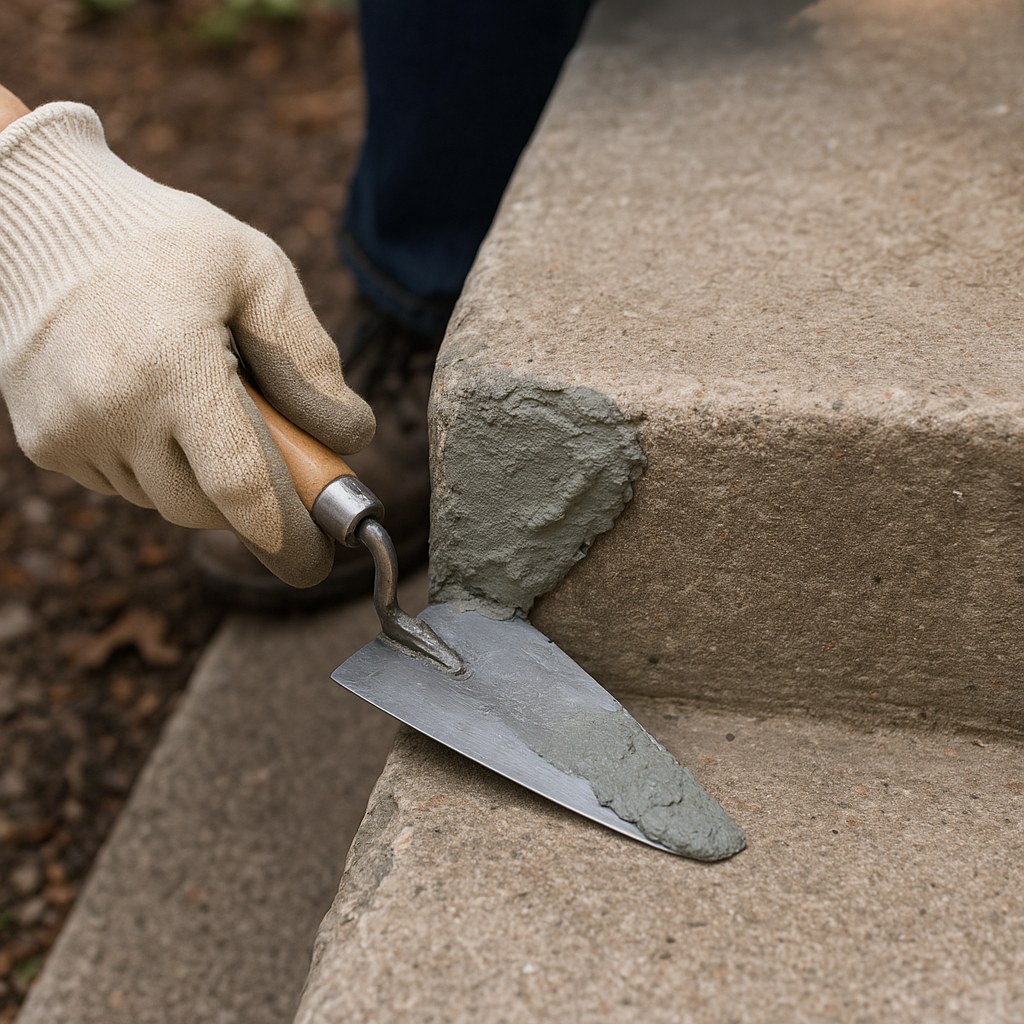 Gloved person patches chipped concrete step