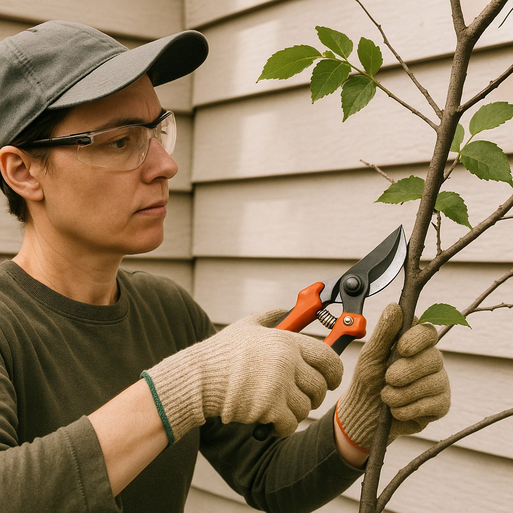 gloved person prunes branch near house
