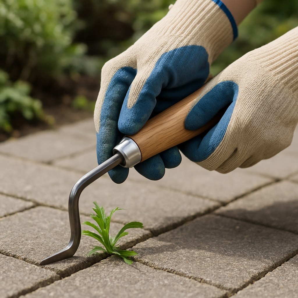 Gloved person pulls weed off patio
