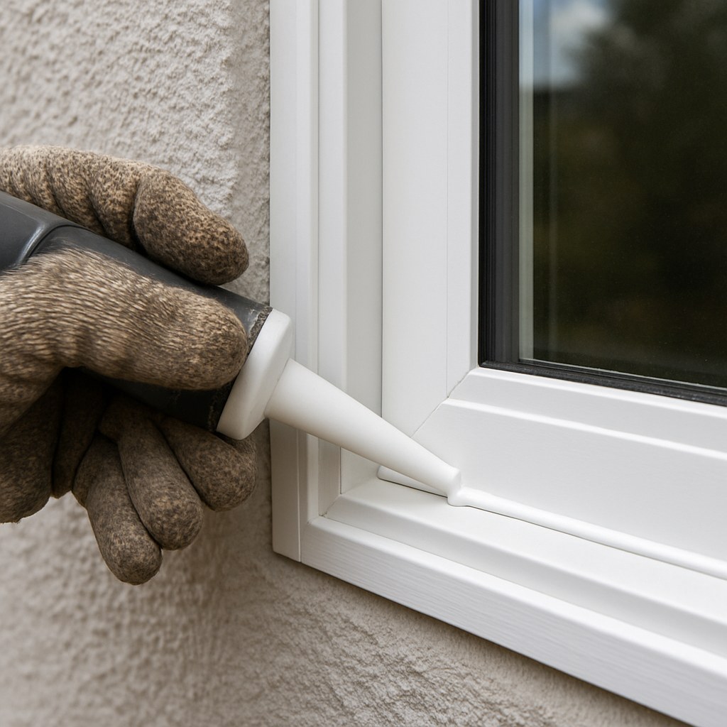 Hand applying caulk on window frame