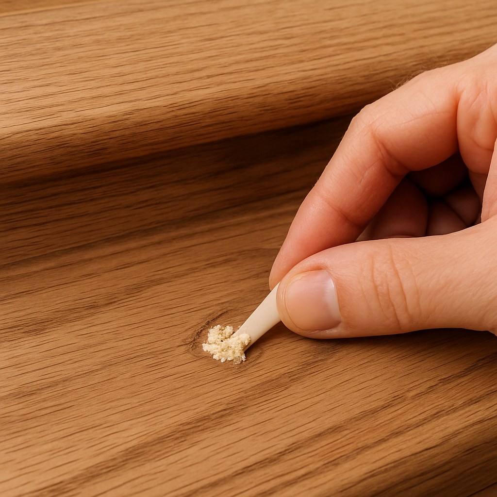Hand filling screw hole on stair