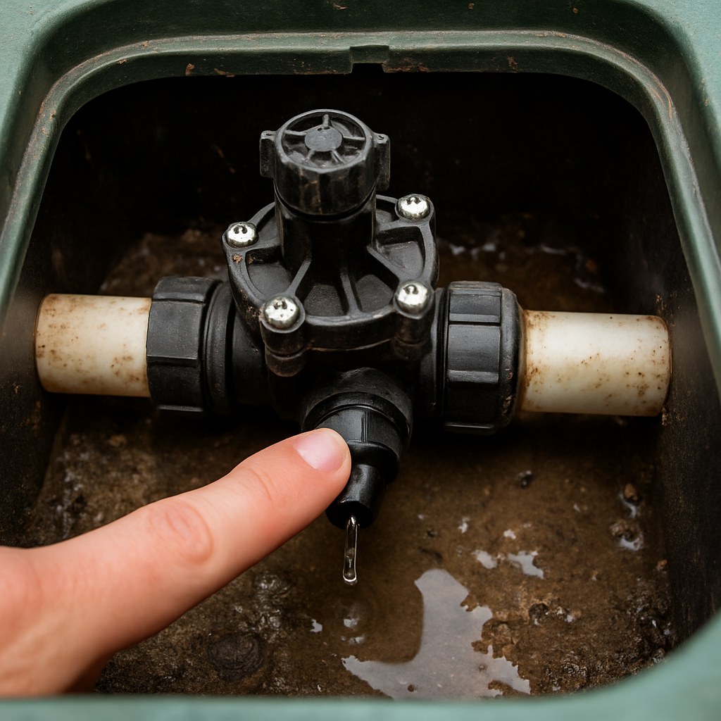 Hand points open sprinkler valve detail