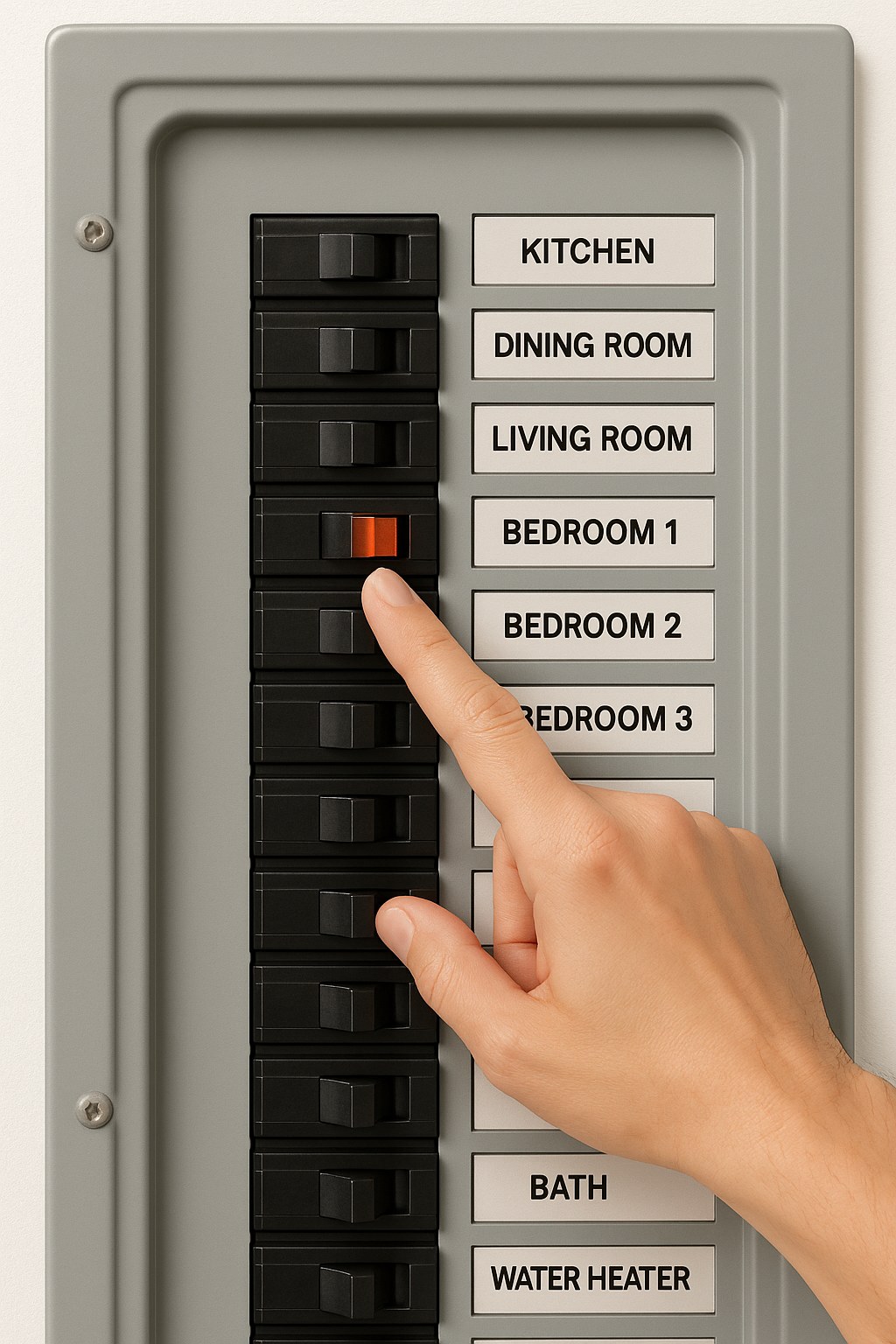 Hand points to tripped circuit breaker