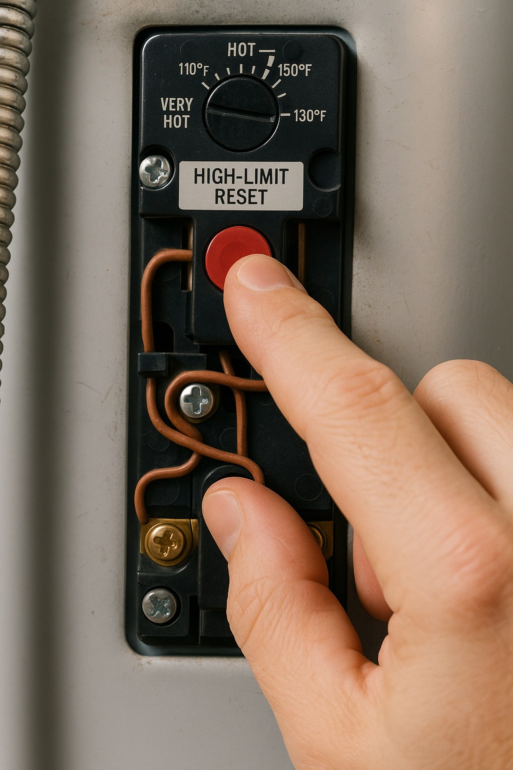 Hand pressing red water heater button
