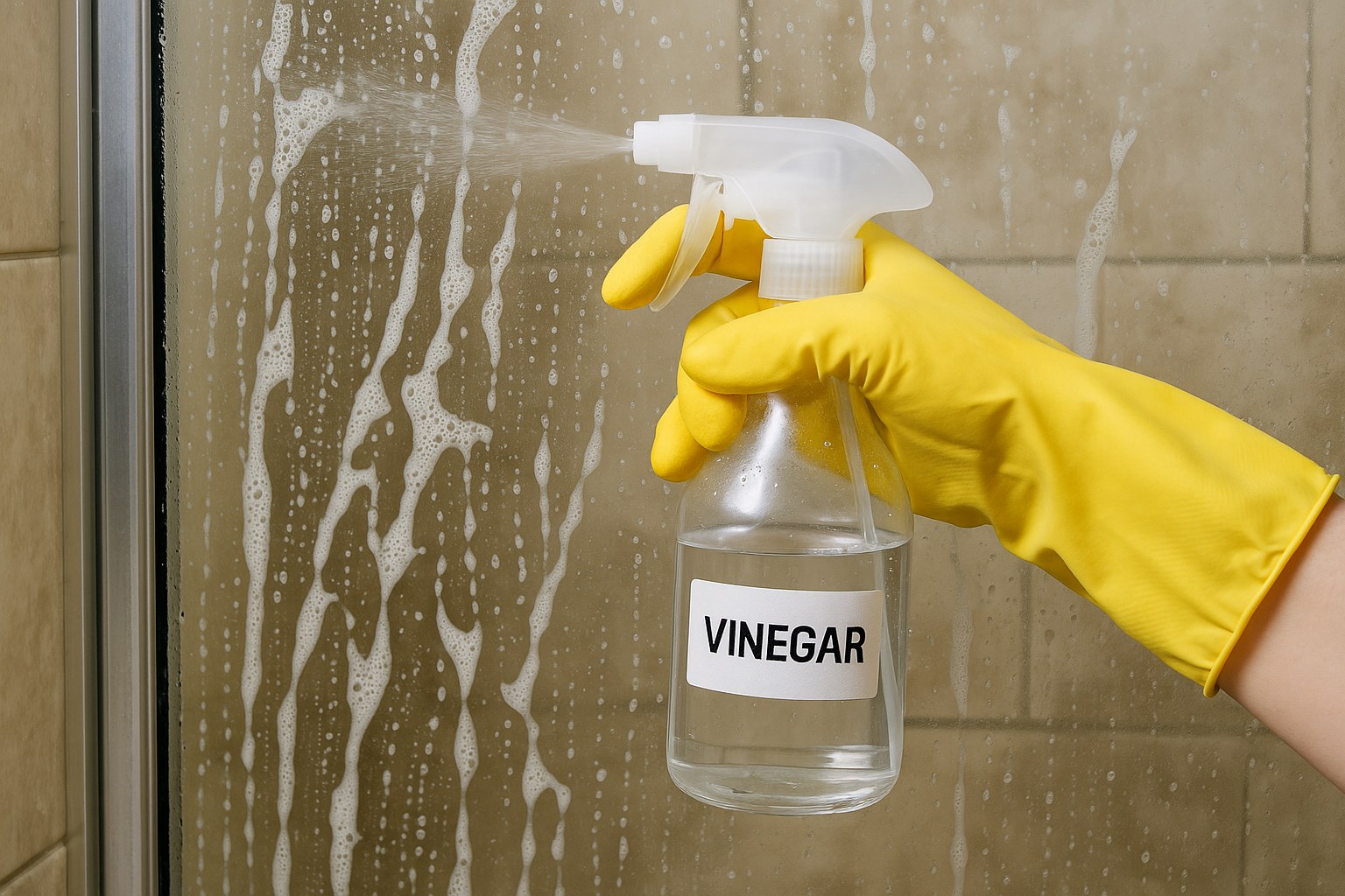 Hand spraying vinegar on shower door