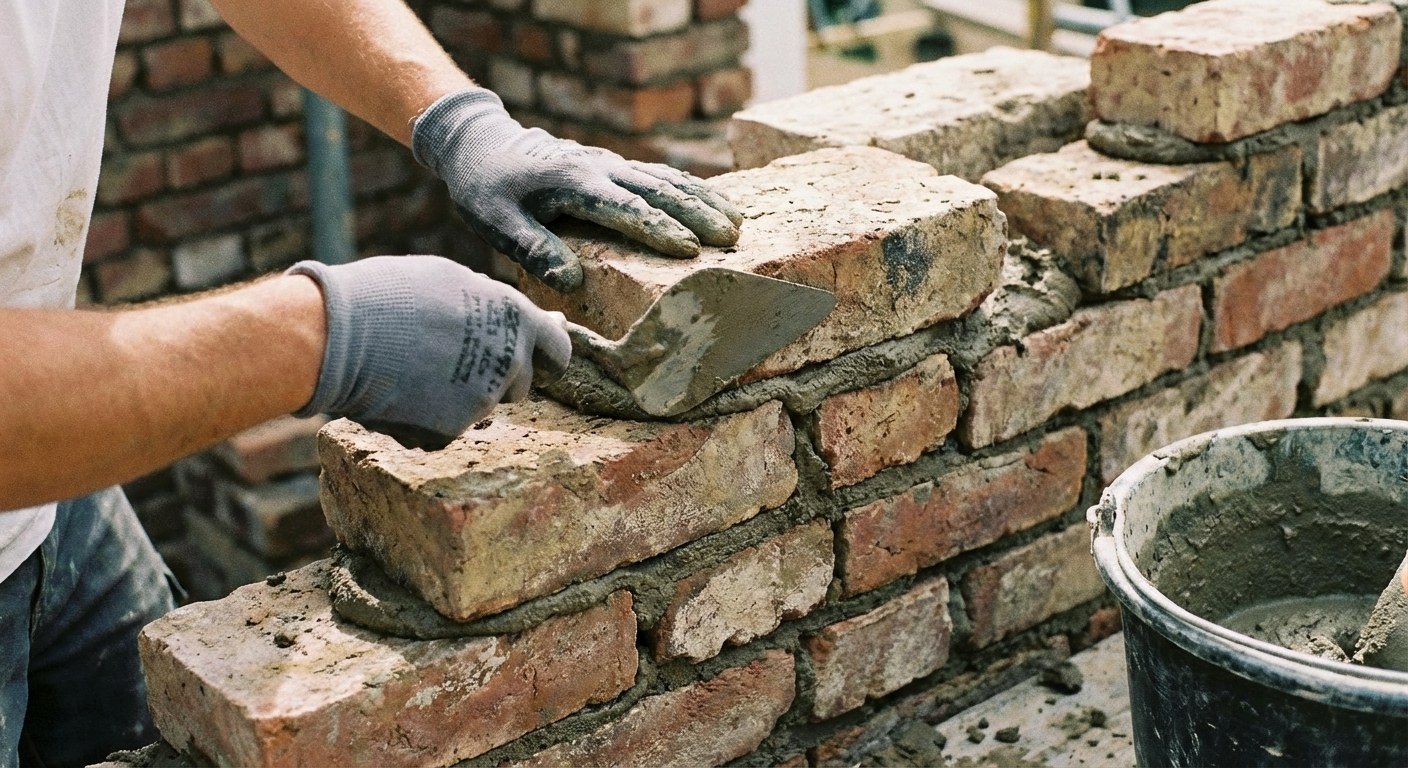Hands applying mortar between bricks