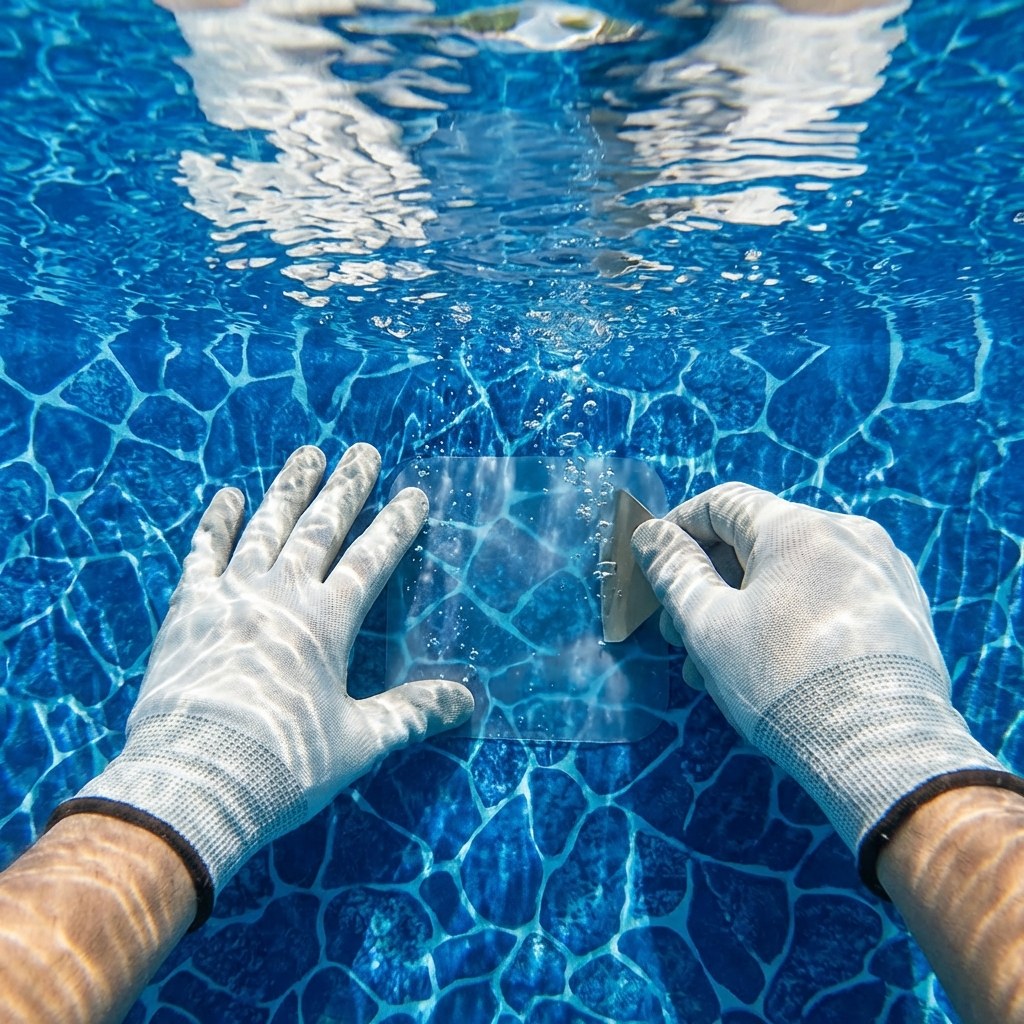Hands applying vinyl patch underwater
