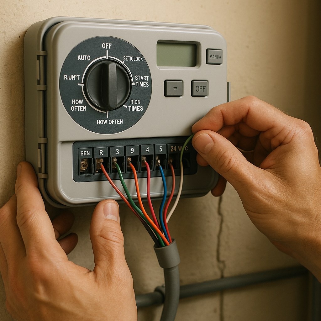 hands check sprinkler wiring on wall