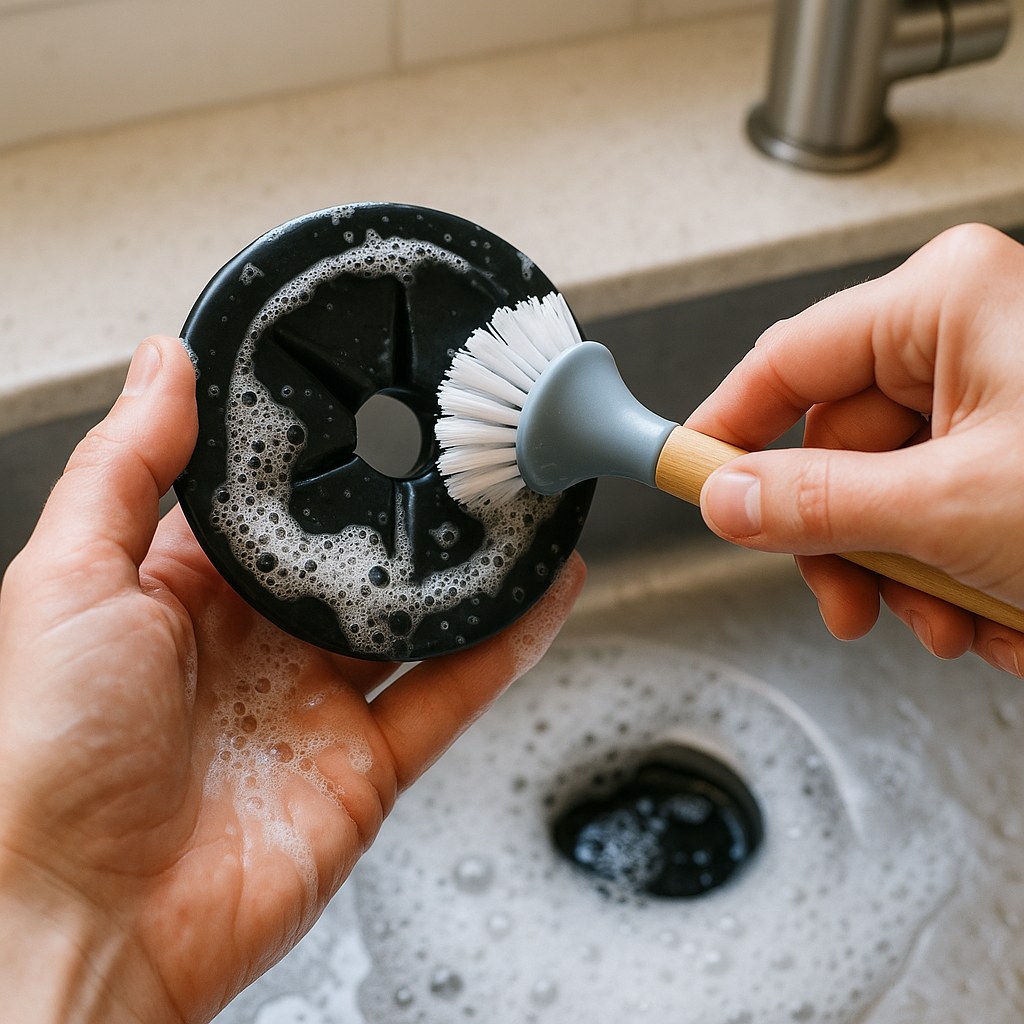 Hands cleaning black rubber splash guard