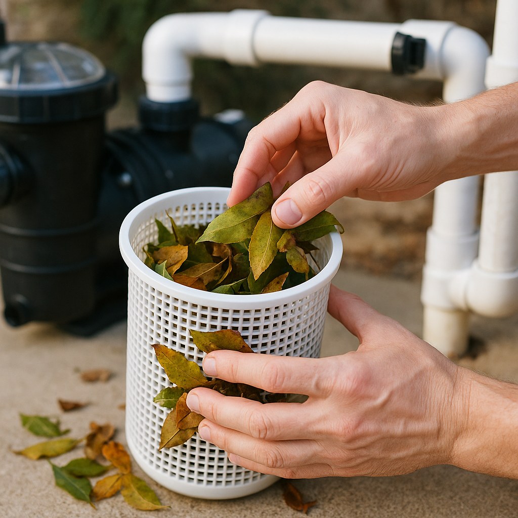 hands cleaning pool pump basket