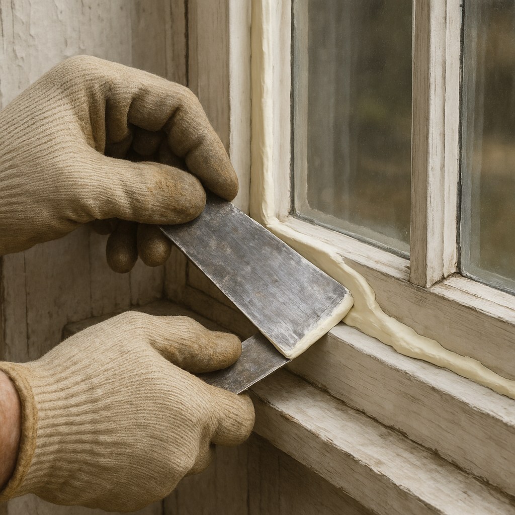 hands in gloves smoothing glazing putty