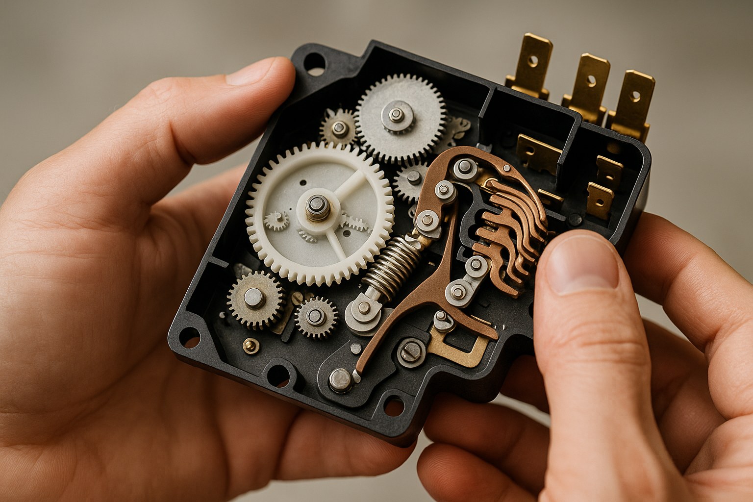 hands inspecting mechanical dryer timer assembly