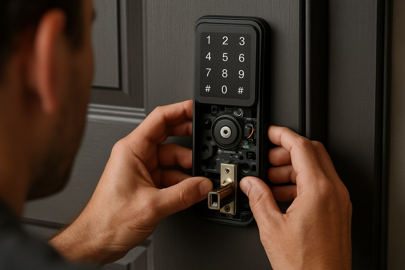 hands installing smart lock keypad