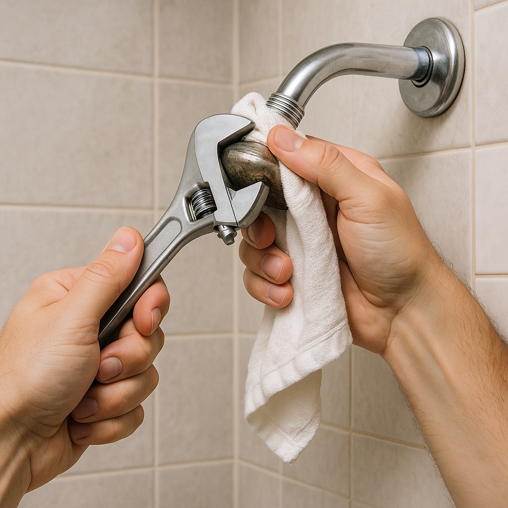 Hands remove shower head with wrench