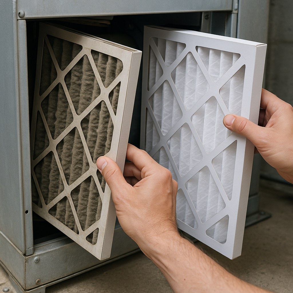Hands replacing dirty air filter