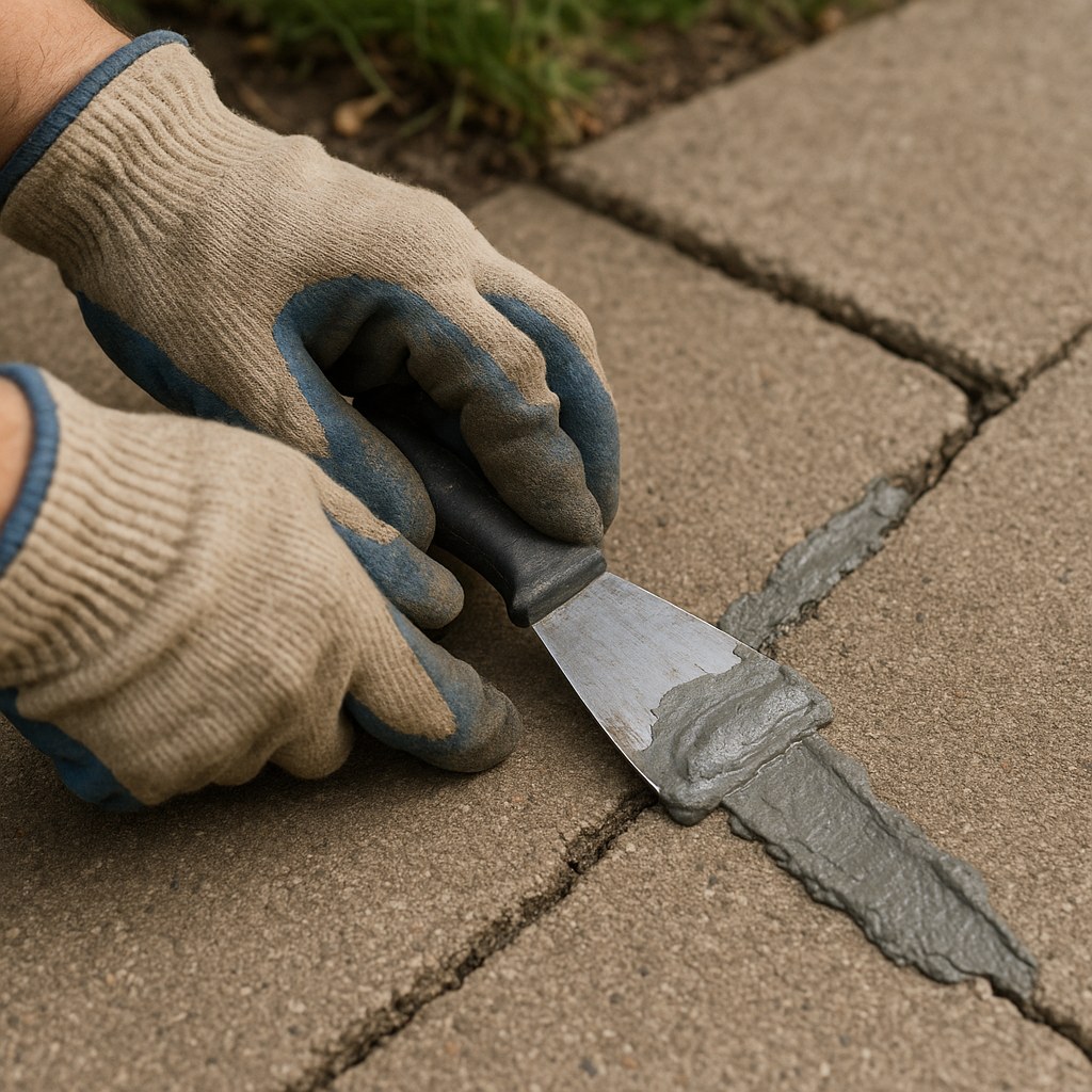 hands smoothing sidewalk crack filler
