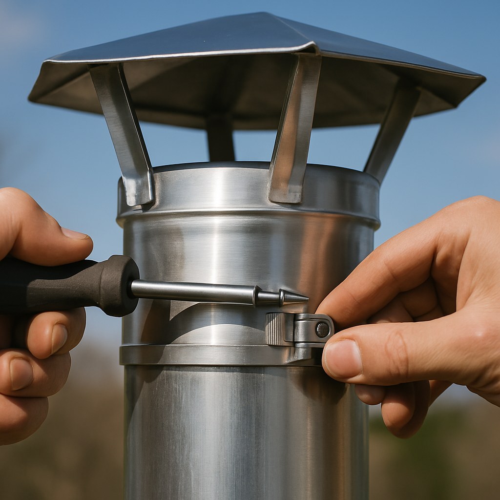 Hands tighten clamp on chimney cap