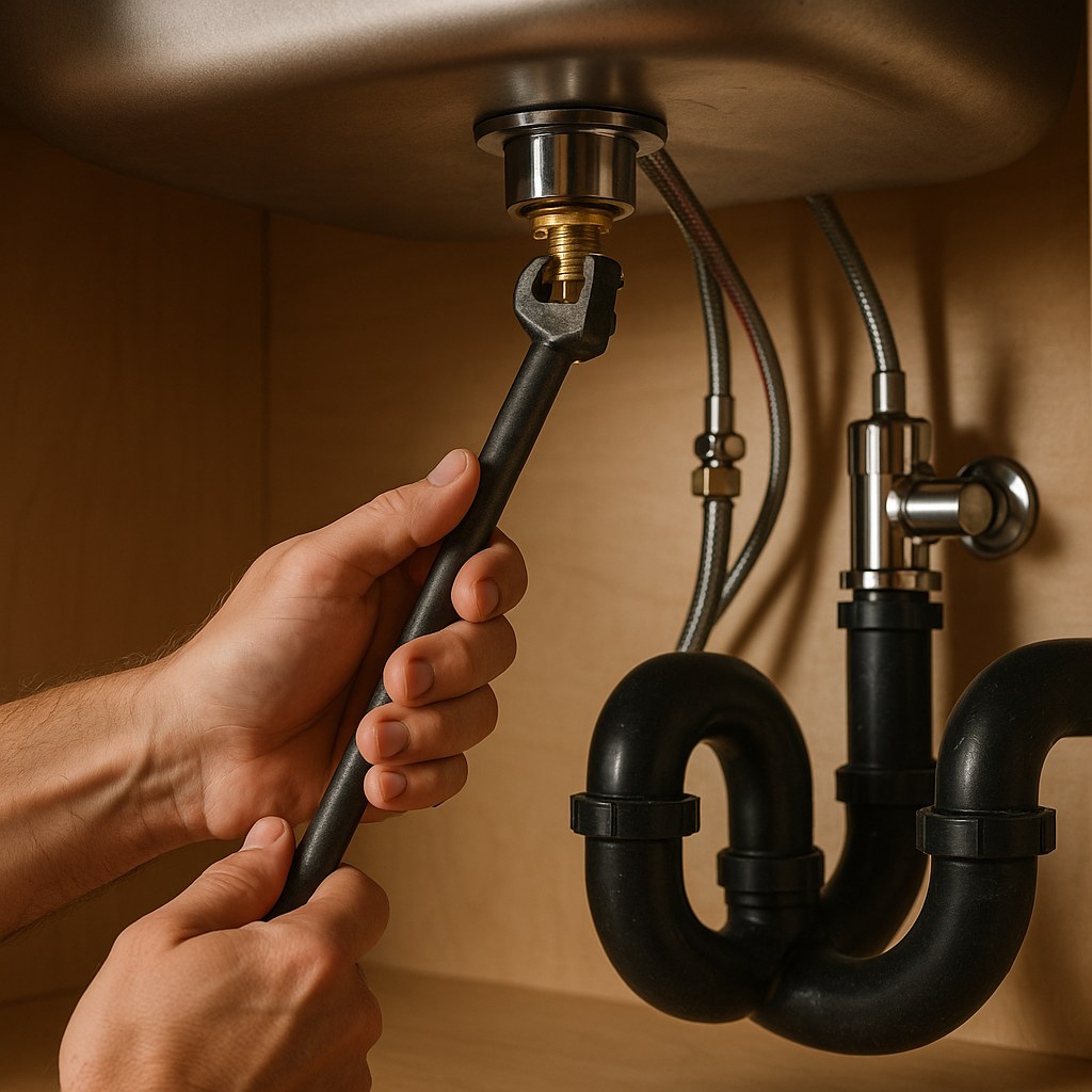 Hands tighten faucet mounting under sink