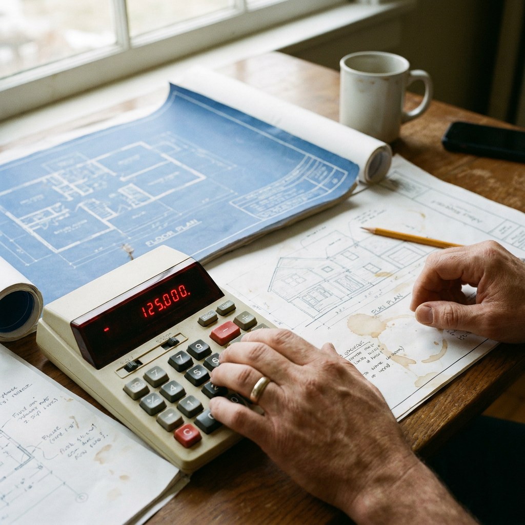 Hands typing on calculator by floorplans