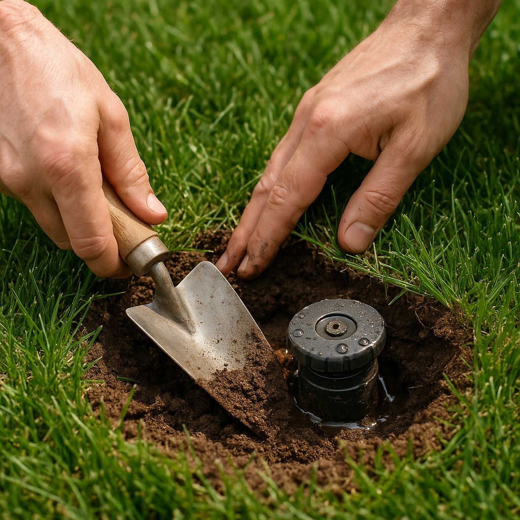hands use trowel near broken sprinkler