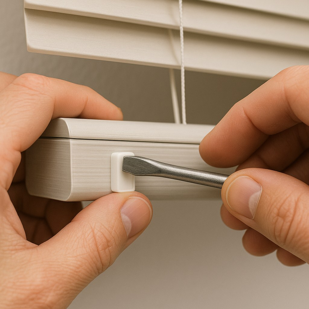 Hands using screwdriver on blind rail