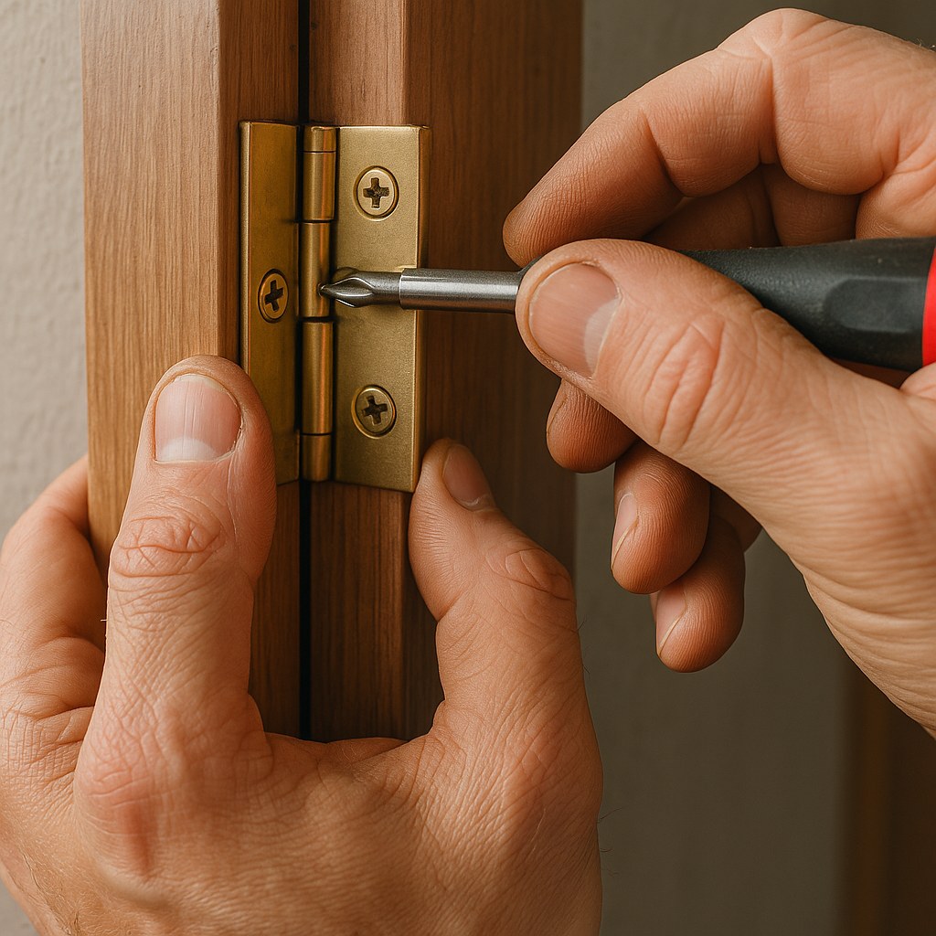 Hands using screwdriver on brass hinge