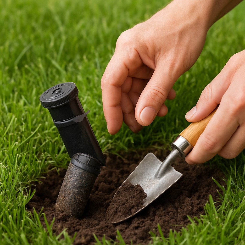 Hands using trowel dig around sprinkler