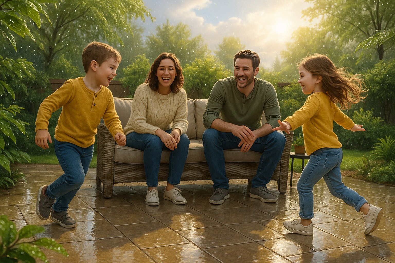 happy family on dry patio