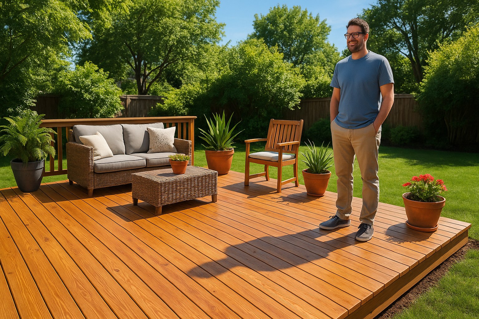 happy homeowner enjoying restored deck