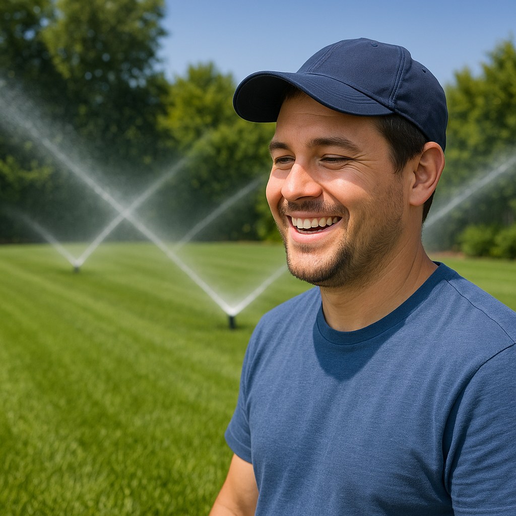happy person on watered green lawn