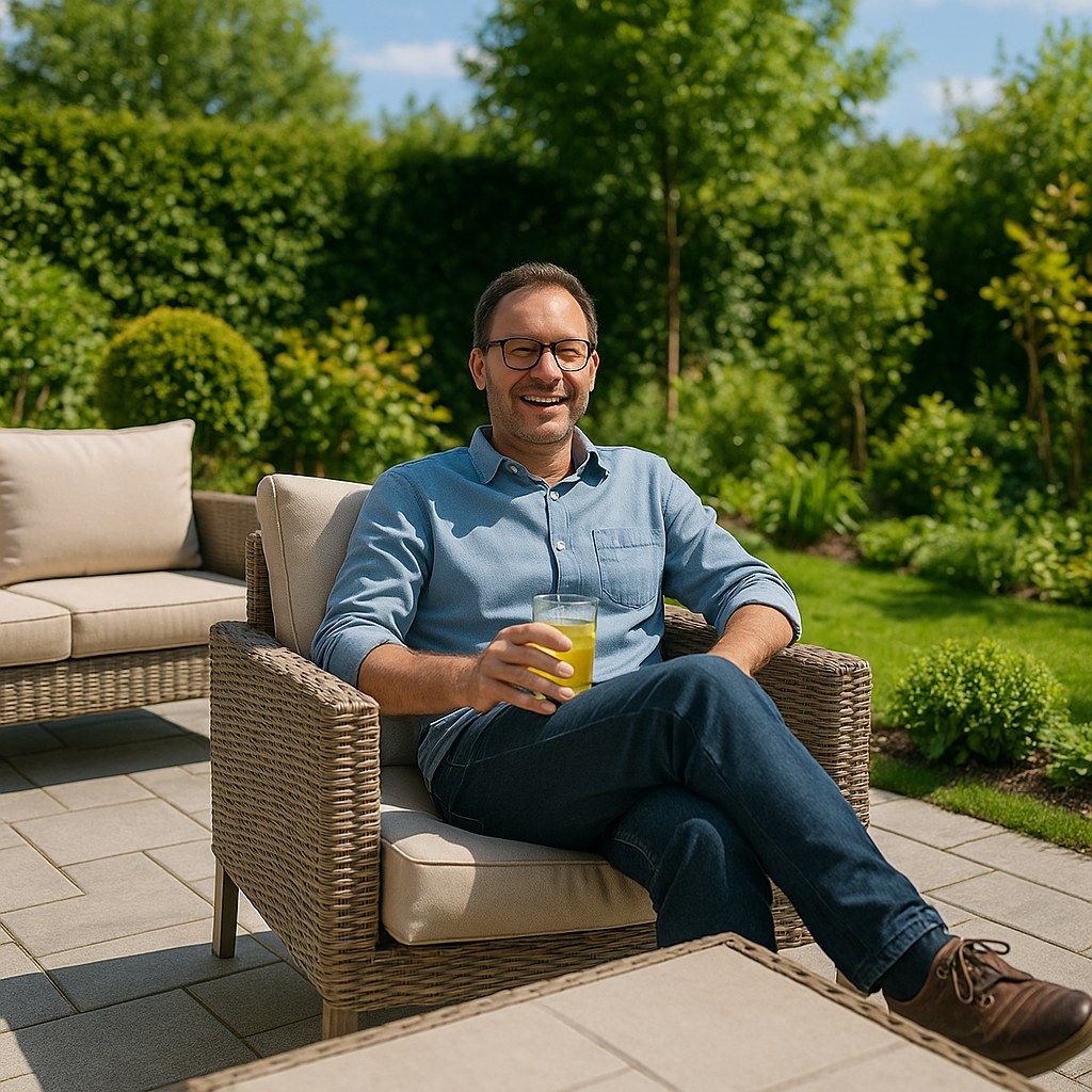 Happy person relaxing on pristine patio