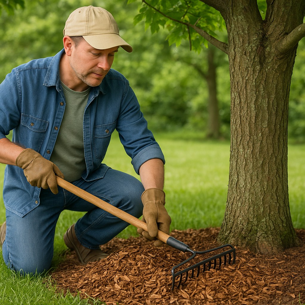 homeowner applies mulch around tree base