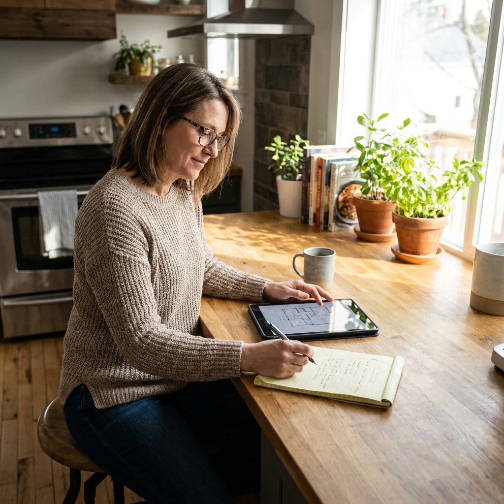 Homeowner at kitchen island reviewing tablet