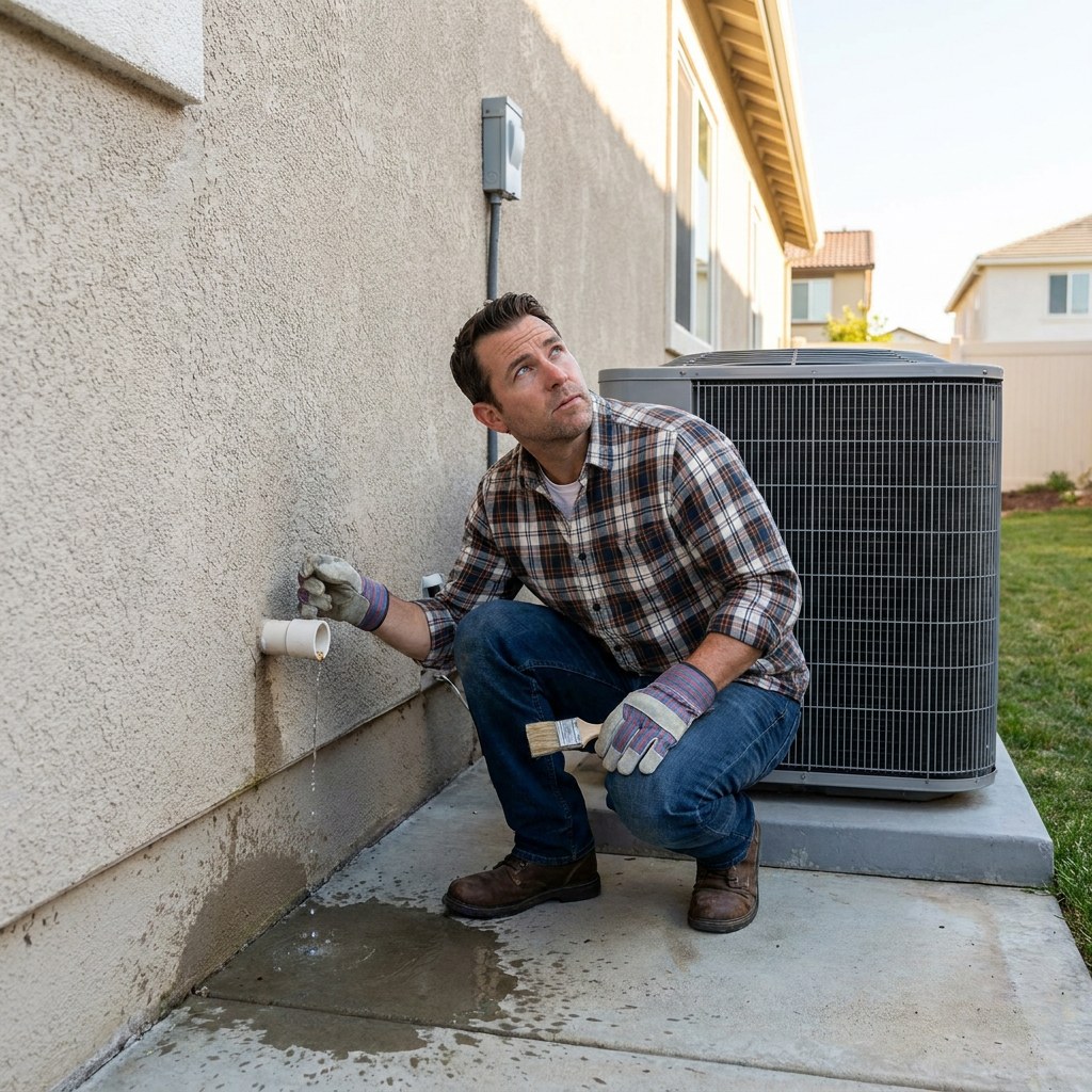 Homeowner checking air conditioner drain pipe