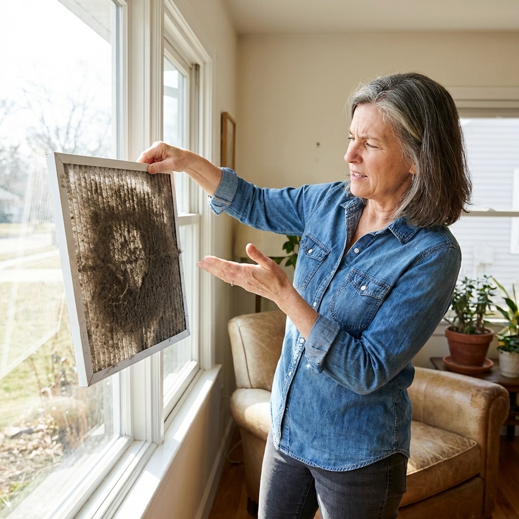 Homeowner checking HVAC filter for dirt